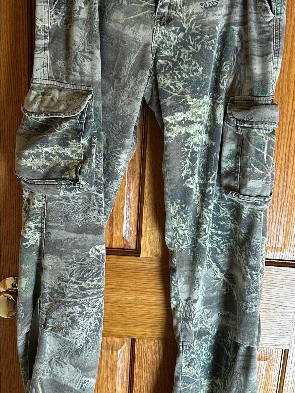 Women’s Camo Cargo Pants w/ties for cropped pants option - Green Camouflage